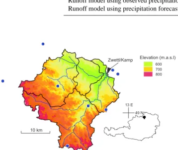Fig. 1. Kamp catchment (622 km 2 ) with telemetered rain gauges (circles) and stream gauge (triangle) shown