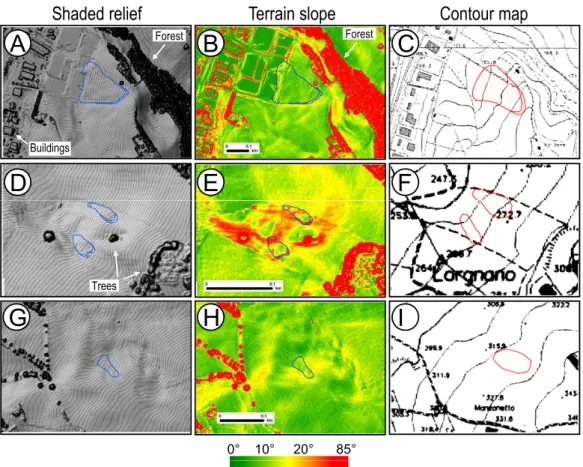 Fig. 8. Examples of recent rainfall-induced landslides mapped in the Collazzone area. Red lines show landslides identified and mapped during the reconnaissance field surveys