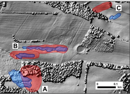 Fig. 10. Typical differences between landslides shown in the original reconnaissance inventory map (shown in red), and landslides shown in the revised inventory map prepared exploiting derivative topographic maps obtained from DEM 2 (shown in blue).