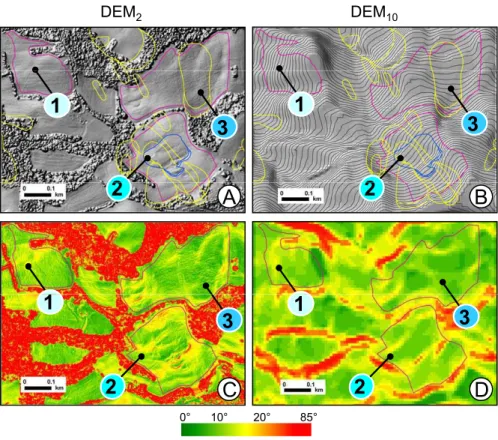 Fig. 11. Comparison of two DEMs in stable and in landslide areas. (A) Shaded relief obtained from DEM 2 