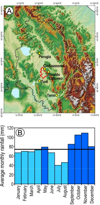 Fig. 1. (A) Map portraying terrain morphology in Umbria, cen- cen-tral Italy, and location of the Collazzone study area, shown by red line