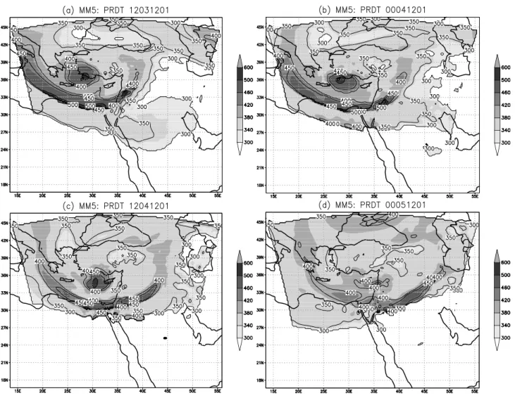 Fig. 7. MM5 simulation: Dynamic tropopause pressure at 12:00 UTC 3 December 2001 3, (b) 00:00 UTC 4 December 2001, (c) 12:00 UTC 4 December 2001 and (d) 00:00 UTC 5 December 2001.