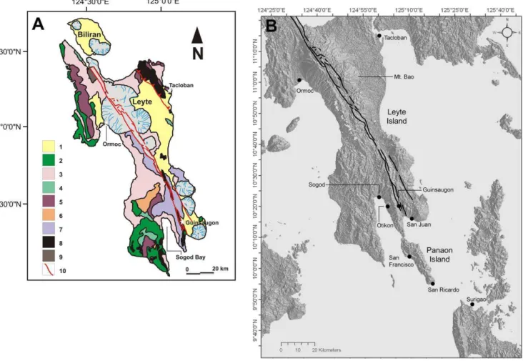 Fig. 3. (A) Geology of Leyte Island (modified from Aurelio, 1992). Key to geological units: 1 – alluvium; 2 – Pleistocene limestone;