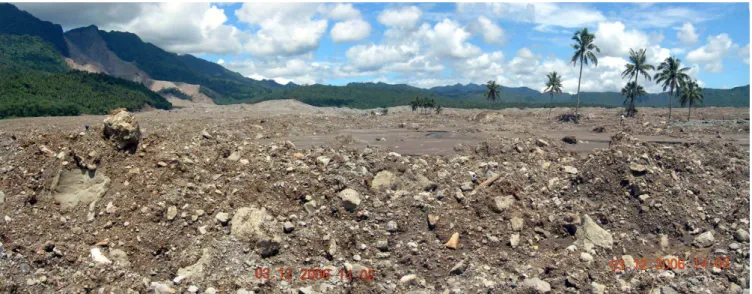 Fig. 9. View from near the distal limit of the debris toward the source area. Note matrix supported nature of the debris at this distal location and flat surface, corresponding to rice paddy fields, over which the debris ran in the distal part of its path