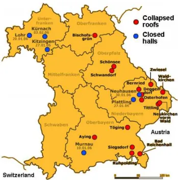 Fig. 1. Collapsed roofs and site closures in Bavaria during the pe- pe-riod January/February 2006