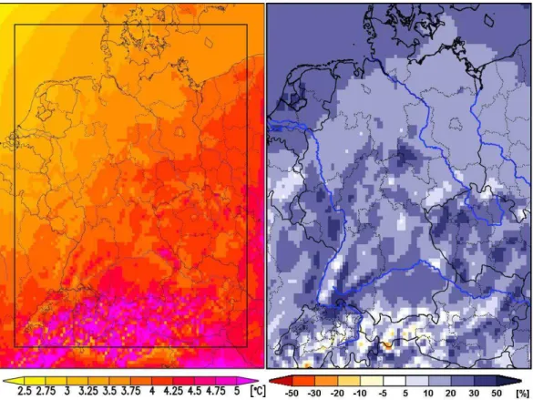 Fig. 6. REMO simulation of expected relative change of mean winter (December/January/February) – Temperature (left) and Precipitation (right) for A1 B scenario conditions between the simulation period (2071–2100) and the control run (1961–1990)