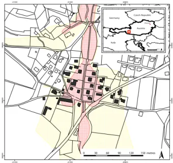 Fig. 1. Location of the test site in the Austrian Alps. Endangered buildings are shown by black colour; red and yellow hatching  indi-cates the level of hazard in the respective hazard map compiled by the Austrian Torrent and Avalanche Control Service.
