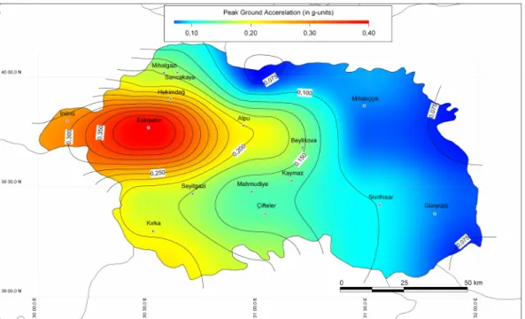 Fig. 4. Seismic hazard from all source zones for rock site based on Boore et al. (1997) attenuation relationship (475-year return period).