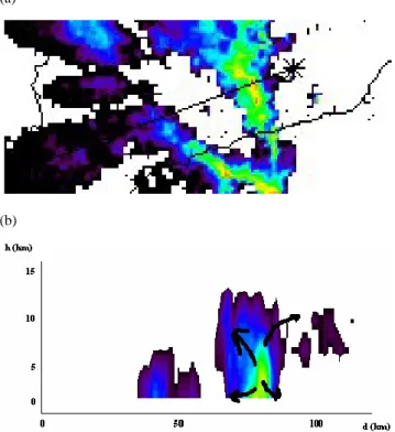 Fig. 10. Vertical section perpendicular to the MCS-1 squall line at 00:30 UTC on 10 June 2000 (b) of the line marked in the CAPPI image at 1 km (a).