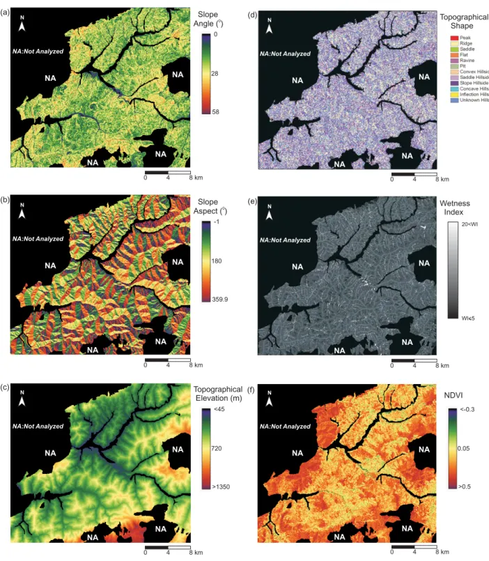 Fig. 5. Parameter maps considered in the study: (a) slope angle; (b) slope aspect; (c) topographical elevation; (d) topographical shape; (e) wetness index; (f) normalized difference vegetation index.