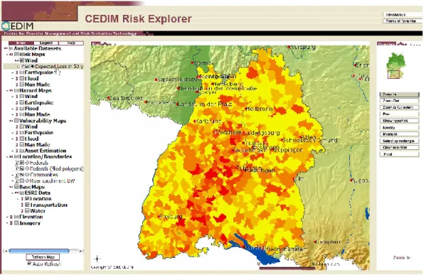 Fig. 5. Layout of the CEDIM Risk Explorer – table of contents, map window, toolbar.