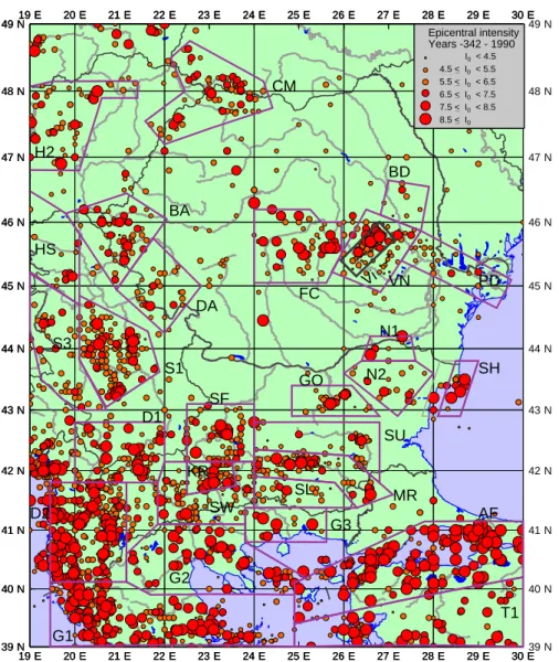 Fig. 1. Epicenter map (I 0 =epicentral intensity) with the seismic source zones. Codes of source zones refer to Table 1.