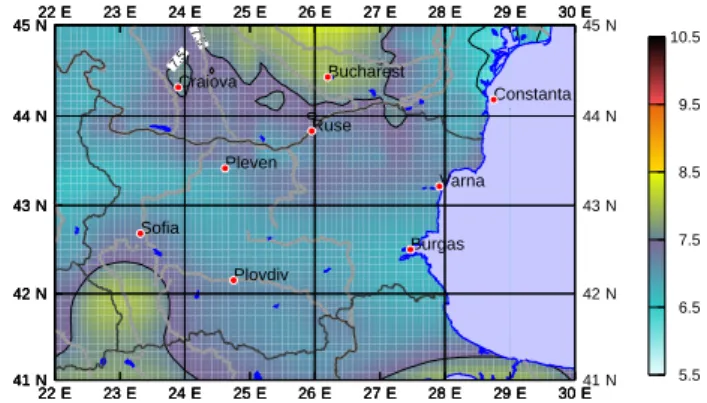 Fig. 4. Seismic hazard from all source zones for a recurrence period of 475 years; colours represent intensities in MSK-1964 scale.