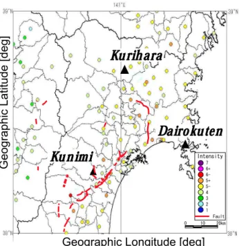Fig. 6. Geographic map of earthquake intensity, and the fault is indicated by dotted lines.