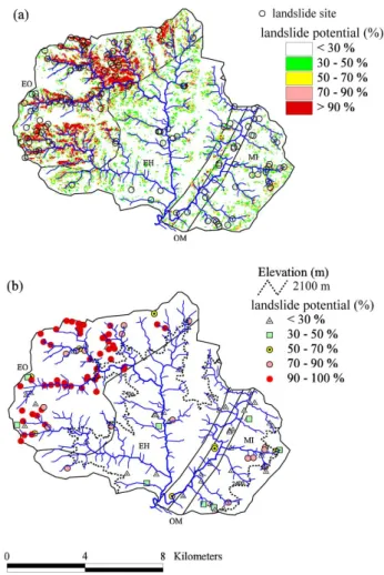 Table 3. The distribution of predicted landslide potential (in %) in the four formations in integrated landslide probability map and number of actual landslides observed in the respective domain.