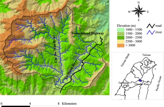 Fig. 2. Topography and stream network of the Chi-Jia-Wan watershed in the central Taiwan