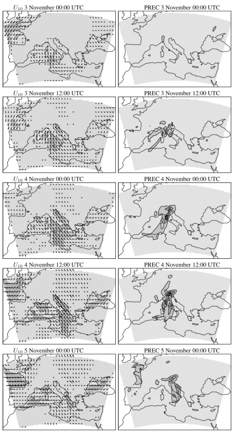 Fig. 7. Results of the N simulation, as in Fig. 4. Left column, U 10 wind field at 12 hour intervals: inside the darker area the wind speed exceeds the 10 ms − 1 value
