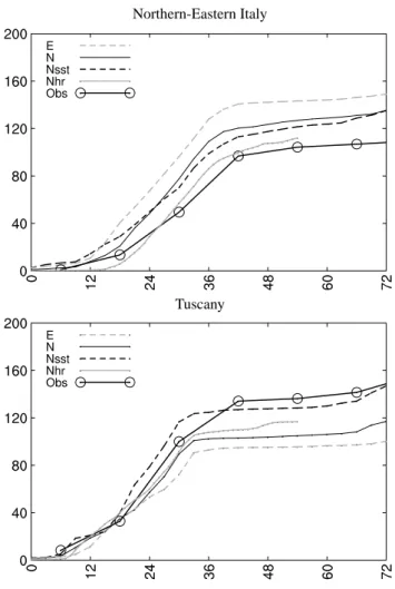 Fig. 10. Top panel: distribution of the accumulated precipitation according to the “N” simulation (the contour line interval is 50 mm).