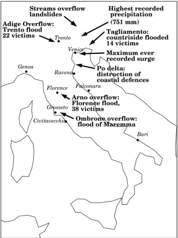 Fig. 1. Map of the damages produced by the 4 November 1966 storm. The locations of the the towns mentioned in the paper are also reported.