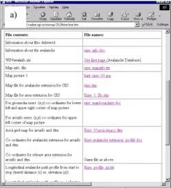 Fig. 2. Example of avalanche event sub-page list (a) with links to pictures (b), maps with observed avalanche extension (c), and other relevant information