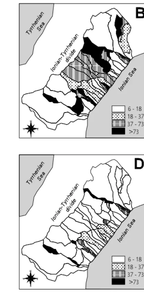 Fig. 5. Phenomena recurrence time T c (years) maps. (A) landslide; (B) flood; (C) secondary flood; (D) all phenomenon types