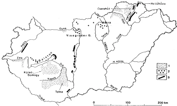 Fig. 1. Regions affected by high landslide density in Hungary. 1 = hill regions with landslides, 2 = buff zones with landslides, and 3 = mountains of volcanic origin with landslides.