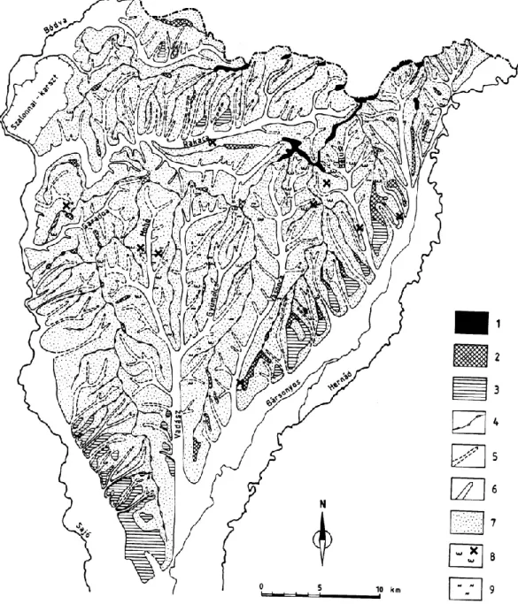 Fig. 2. Geomorphologic map of the Csereh´at Hills. 1 = glacis remnants with gravels (*300 m .a.s.l.) – Upper Pliocene, 2 = broad interfluvial ridges (280–300 m a.s.l.), 3 = river terrace and valley-glacis (Pleistocene), 4 = narrow interfluvial ridges, 5 = 