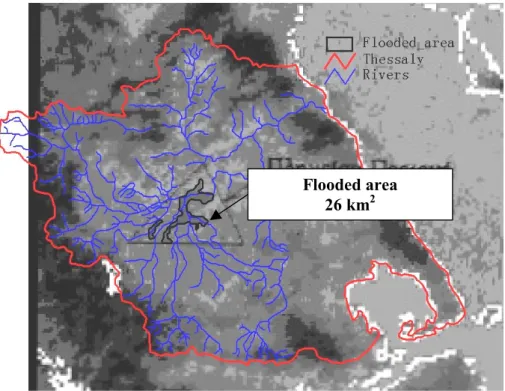 Fig. 9. Sea Surface Temperature image from the flooded area (26 October 1994) along with the rivers in Thessaly.