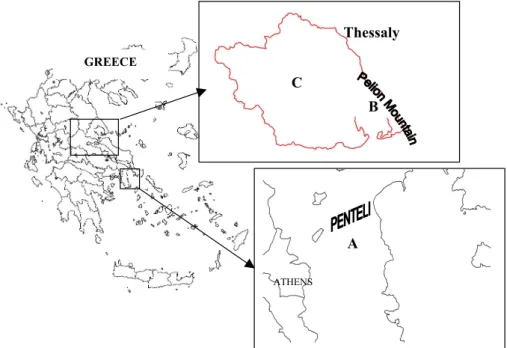Fig. 1. The study areas for forest fires are located in (a) Penteli, Attiki and (b) mount Pelion, Greece.