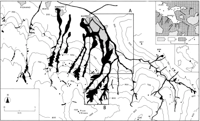 Fig. 1. Distribution of the 5 May 1998 landslides in the Quindici area. Small dots indicate the location of unmappable slope failures.