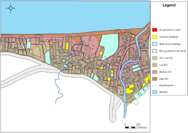 Fig. 7. Map showing the proximity of one-floor buildings to the road network of the study area.