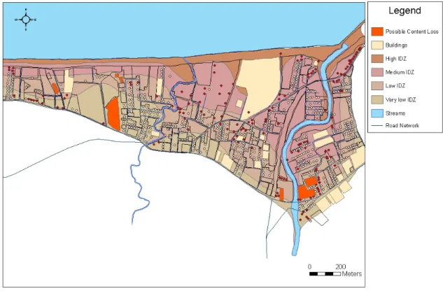 Fig. 8. Map showing buildings that will experience content loss due to tsunami flooding.