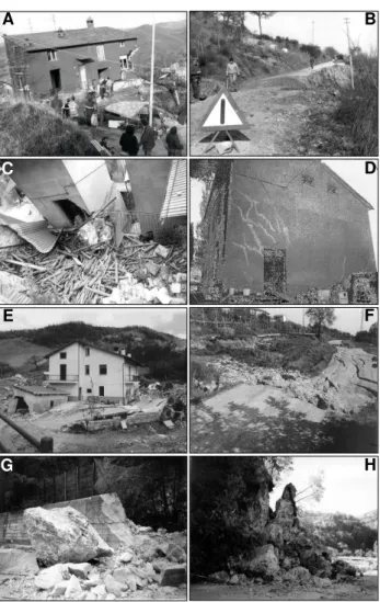Fig. 1. Typical landslide damage in the Umbria region. (A) House destroyed by a deep-seated slide at Monteverde on December 1982.