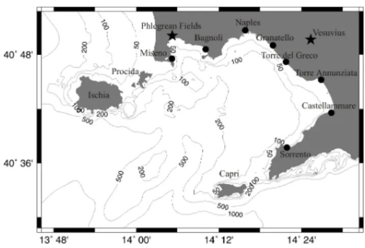 Fig. 1. Bathymetric map of the Gulf of Naples. The area shown here is the same area covered by the finite-element mesh used for tsunami simulations