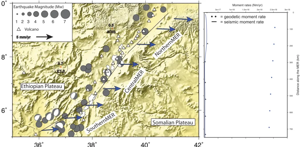 Figure 6. Zoom on the Main Ethiopian Rift. The blue arrows correspond to the velocity model at the frontier between Nubia and Somalia plates in the Nubian reference frame