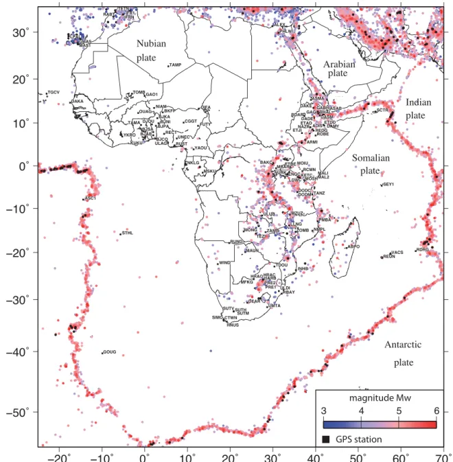 Figure 1. Map of the seismicity and the continuous GPS stations used in this study. The colour scale depicts the magnitude of the seismicity