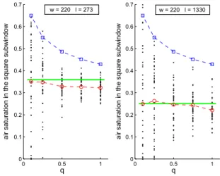 Figure 14. Final air saturation in the square subwin- subwin-dows of size s as function of its relative size q = s/w for 40 simulation processes in two different systems with width w and length l given in the legend