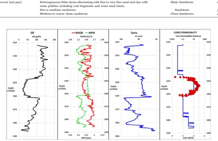 Fig. 5. Well log interpretation based on GR classification indicating the location of core data in reservoir zones