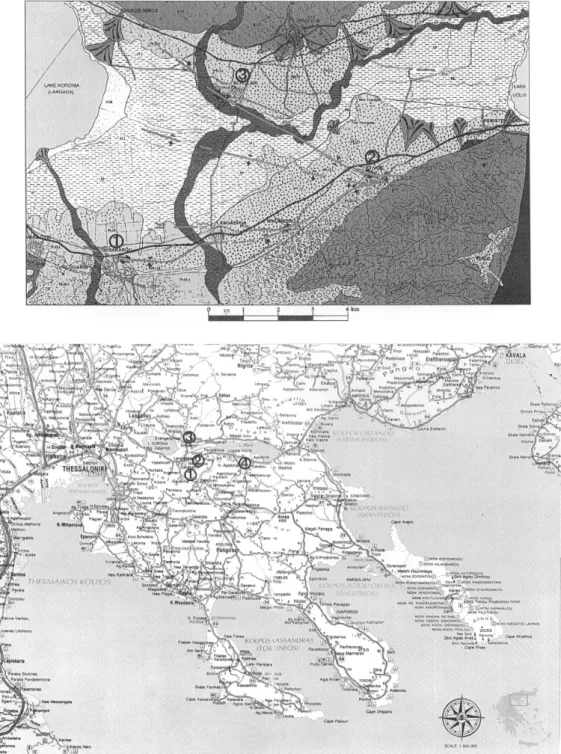 Fig. 1. (a) Geological map of Langadas Basin. (b) Geographical map of Langadas Basin.