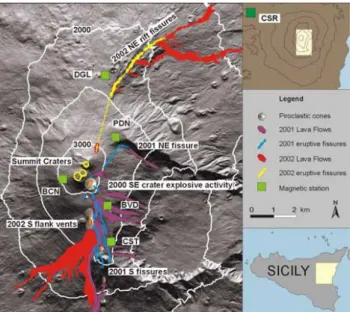 Fig. 1  Fig. 1. Schematic map showing the area covered by the lava flows from 2001 and 2002 Etna eruptions