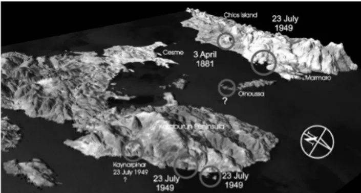 Fig. 5. Isoseismal map of Chios-Karaburun Earthquake, 23 July 1949 as modified from Erkman (1949)