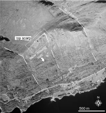 Fig. 4. Orthophoto of the Oppsatdhornet area (summit at 737 m), with the scarp and the fault traces limiting the main landslide  (rect-angle: area represented in Fig