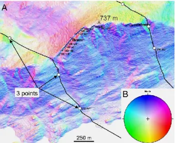 Fig. 6. Comparison of the measurement made on the DEM (a) and in the field (b). Lower hemisphere stereographic projection of the average orientations of the discontinuities J1 and J2, the foliation and the topographical slope