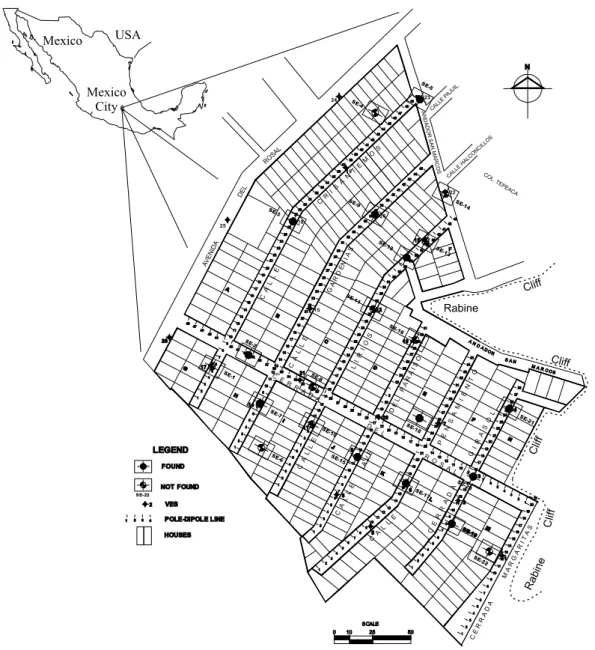 Fig. 1. The prospecting area is located Northwest of Mexico City. Data consisted of pole-dipole arrays along 8 streets of the urban sector and 26 vertical electrical soundings (VES; Schlumbergers)