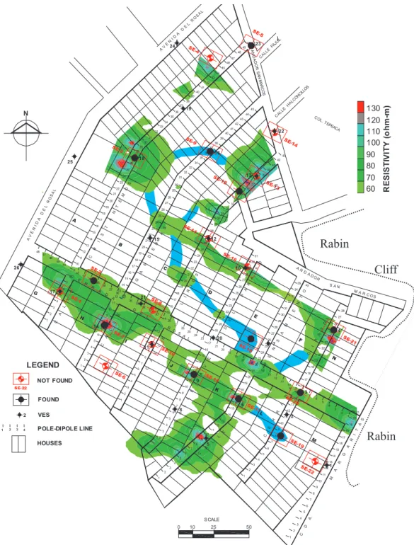 Fig. 7. Resistivity slices at 12 m depth over the streets map. Only resistive contours are shown