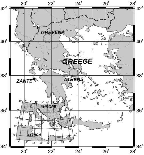 Fig. 1. The map demonstrates the location of the Zante RF station () and the epicentres of the Athens and Kozani-Grevena earthquakes ().