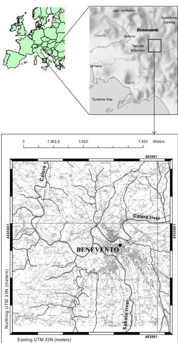 Fig. 1 – Benevento river-torrential landscape with based-raingauge (circle)  Based map: RouteBundle Italia.lnk and Istituto Geografico Militare    Fig