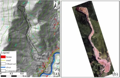 Fig. 11. Inundant extent of the debris flow in Minamata city. (a) by the Simulation and field investigation; (b) by aerial photograph.