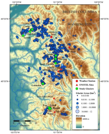 Fig. 1. Regional locator map showing glaciers discussed.