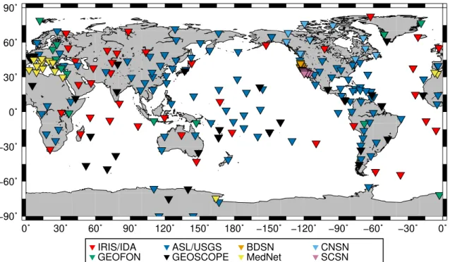 Figure 2: Seismological network. We use a combination of 254 stations from the IRIS/IDA (II;